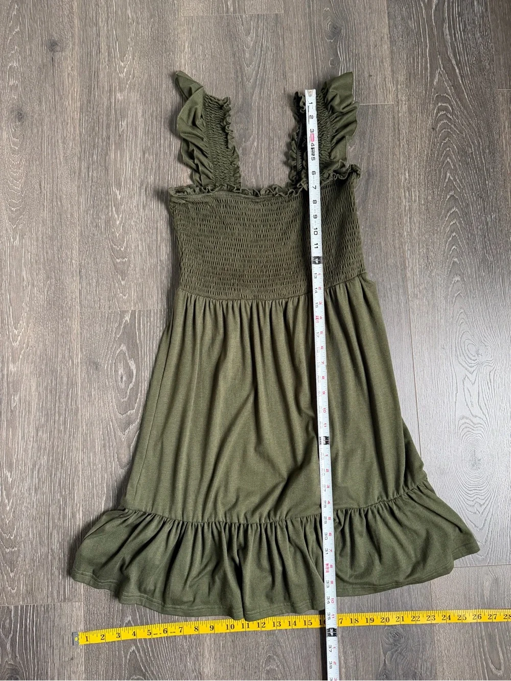 Olive Green Smocked Sundress with Ruffle Straps Cottagecore Boho Size Small - Picture 3 of 5